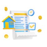 icon with 3d house, financial bill, clock, coins